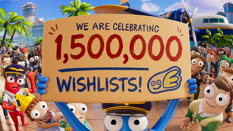 Dear Passengers game crew celebrating 1,500,000 Steam wishlists outside an airport terminal