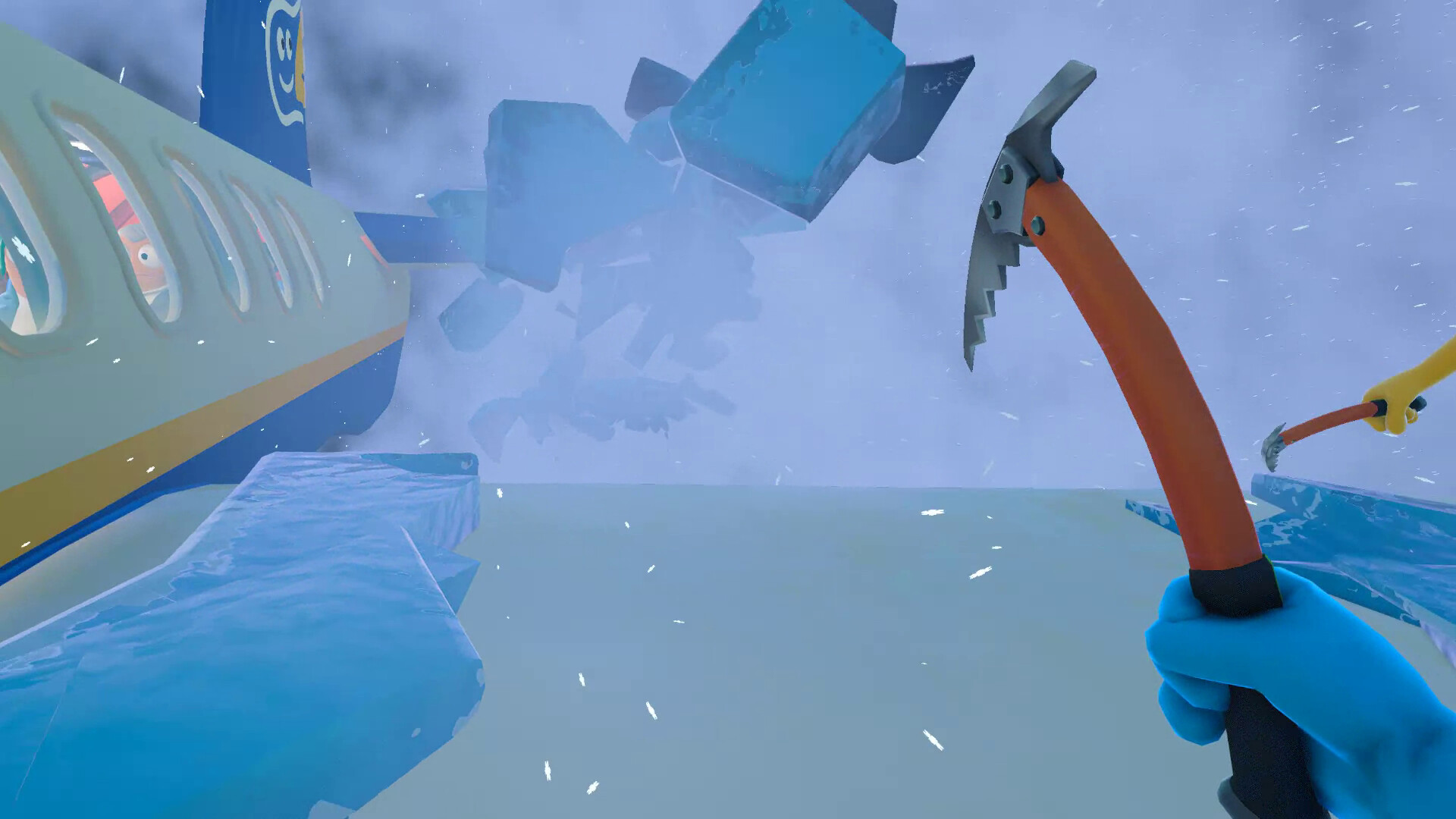 Dear Passengers game crew using ice axes in dangerous winter weather