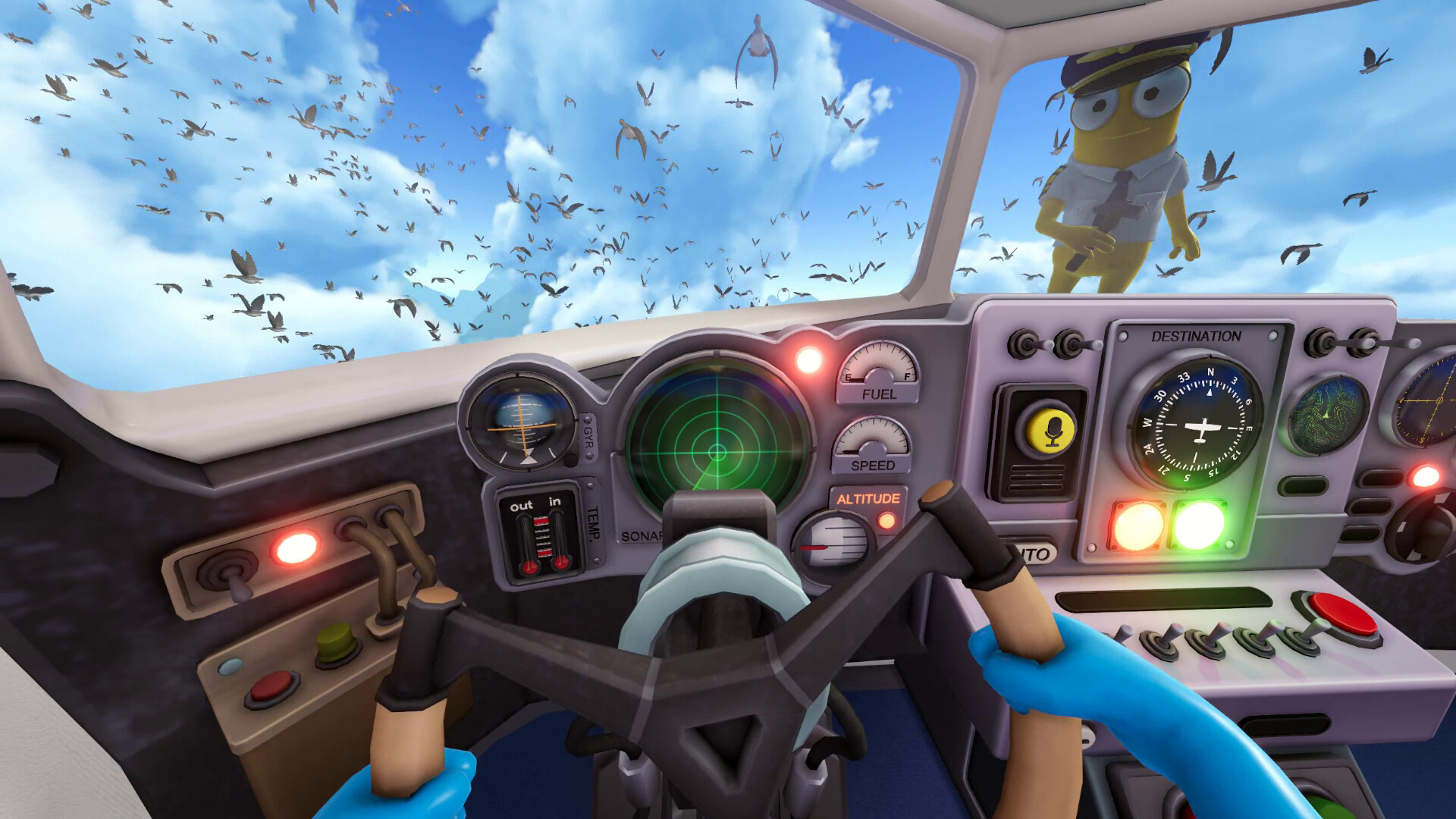Dear Passengers game cockpit view facing a chaotic flock of birds mid-flight