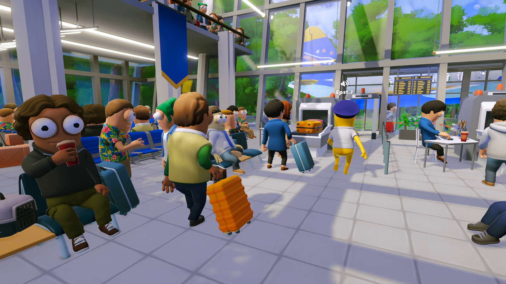 Passengers waiting inside the Dear Passengers game airport terminal
